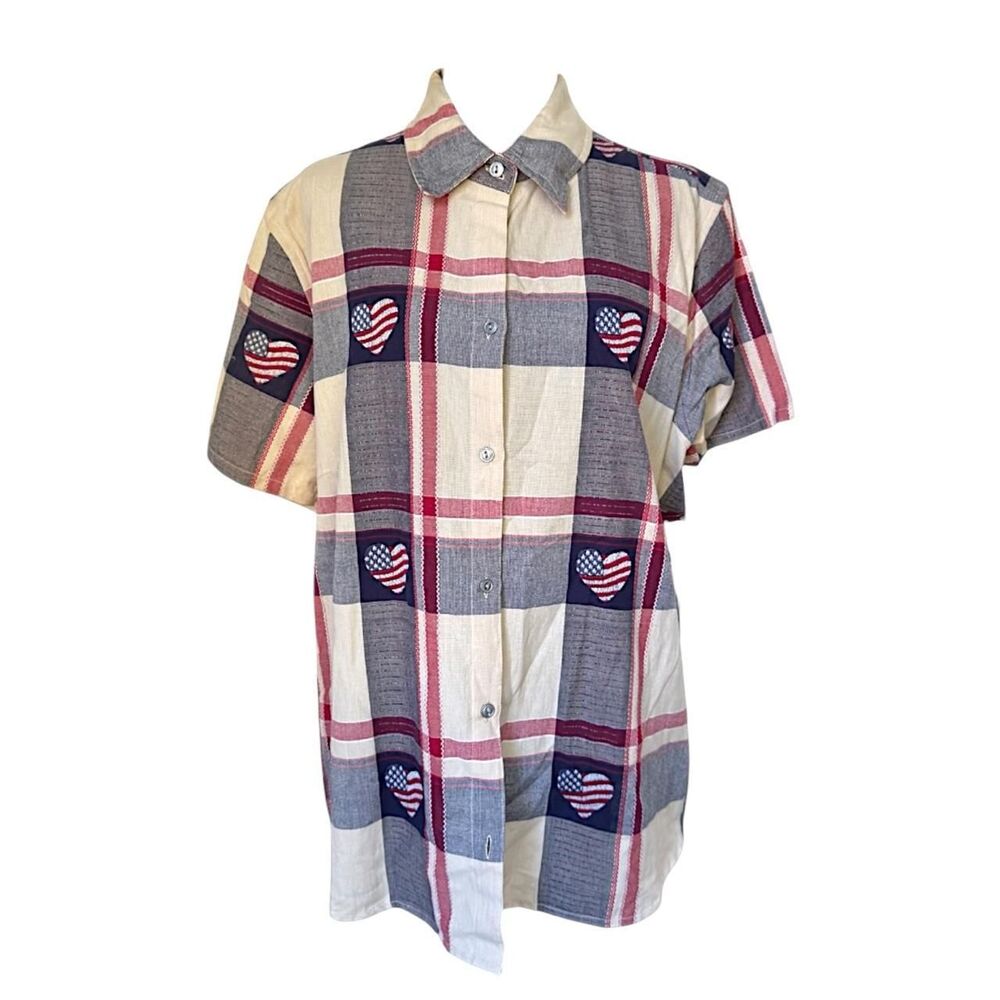 Americana flag hearts plaid button-up shirt